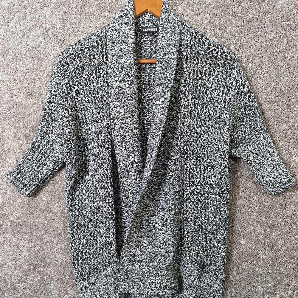 Express Cardigan Women's Large Open Front Short Sleeve Sweater Gray Mesh Knit
